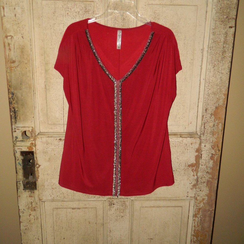 PerSeption Concept Womens Top Beaded Stretch Slinky Top Size XL  (B40)